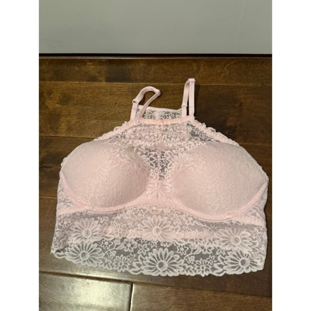 Victoria's Secret PINK Light Pink Floral Lace High Neck Halter Bralette Padded L